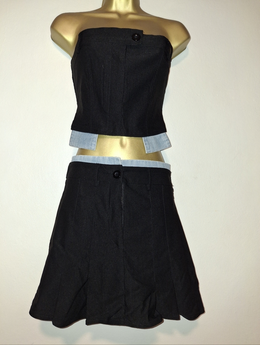 Black Strapless Two-Piece Skort Set with Light Denim Trim